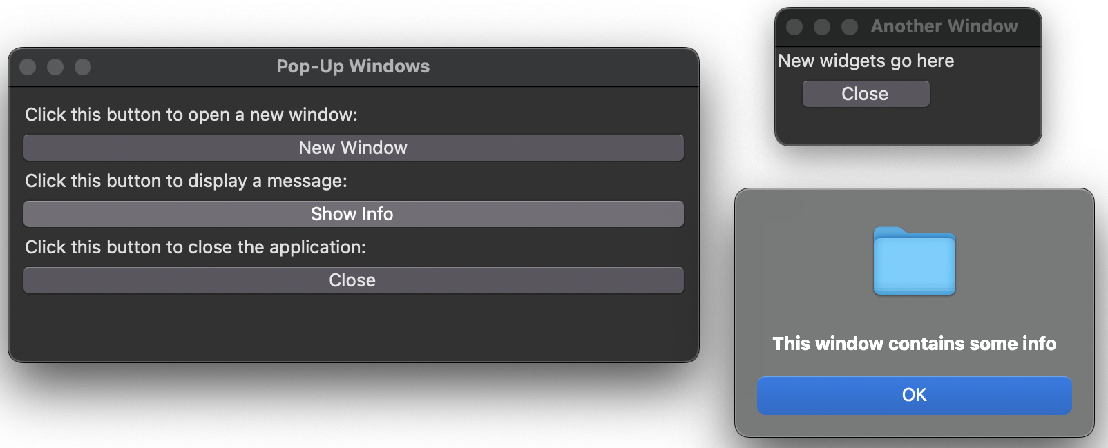 Screenshot of a GUI with pop-up windows