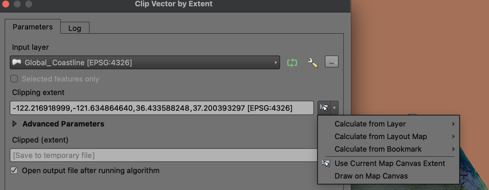 Screenshot of the Clip Layer by Extent tool.