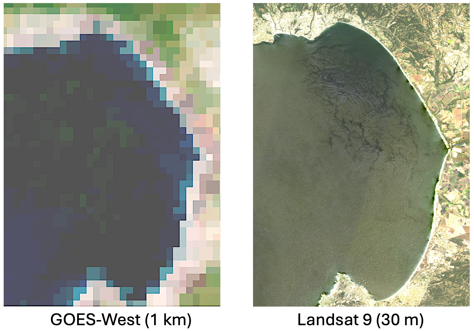 Comparison of resolution between GOES-West and Landsat.