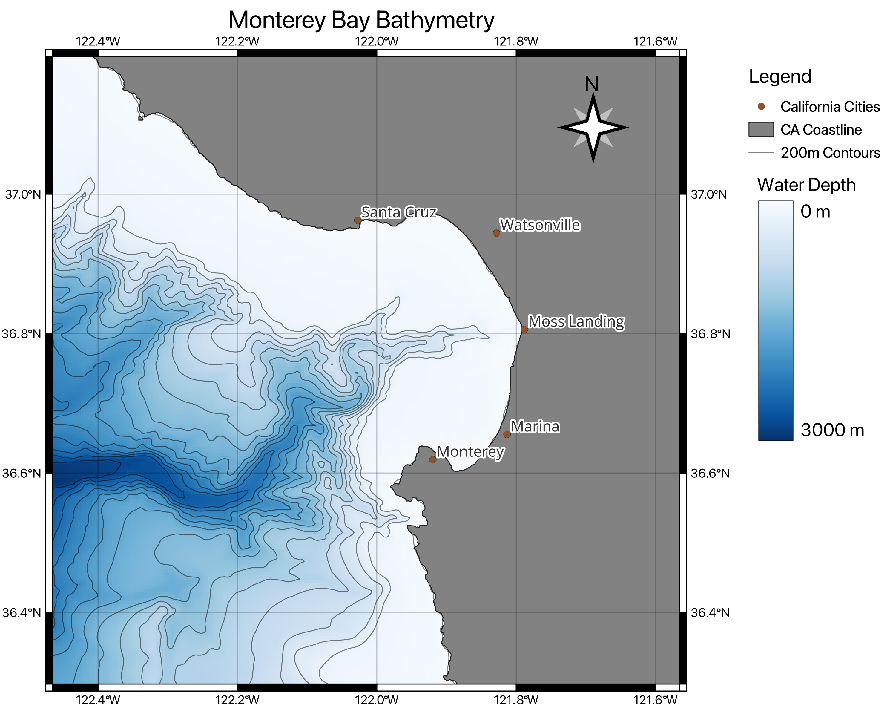 Screenshot of the figure generated in this lab showing the bathymetry of the Monterey Bay area.