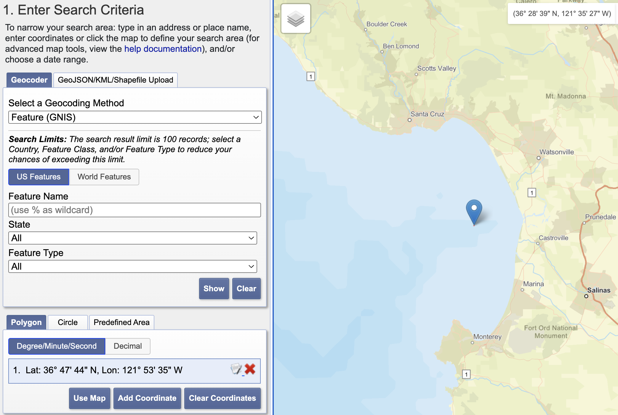 Screenshot of the Monterey Bay query in EarthExplorer.
