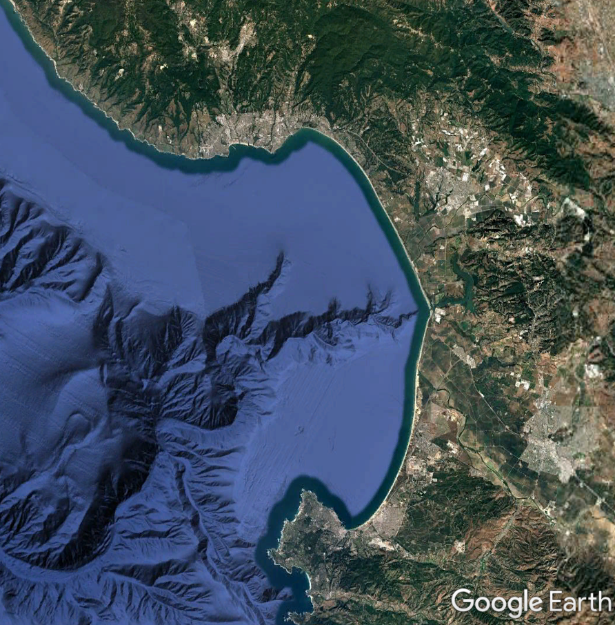 Screenshot of the bathymetry and natural color imagery of the Monterey Bay area shown on Google Earth.