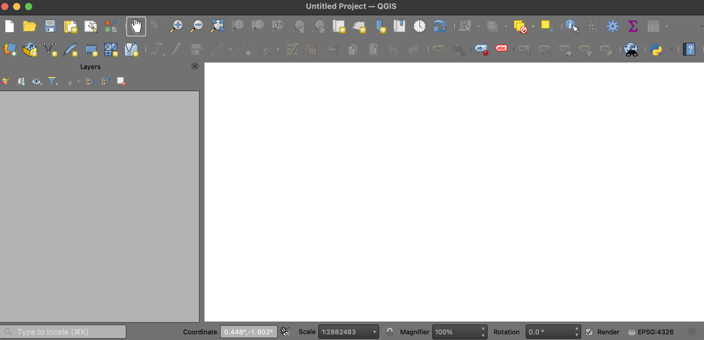 Screenshot of a new QGIS Project with the Layers Panel and Map View.