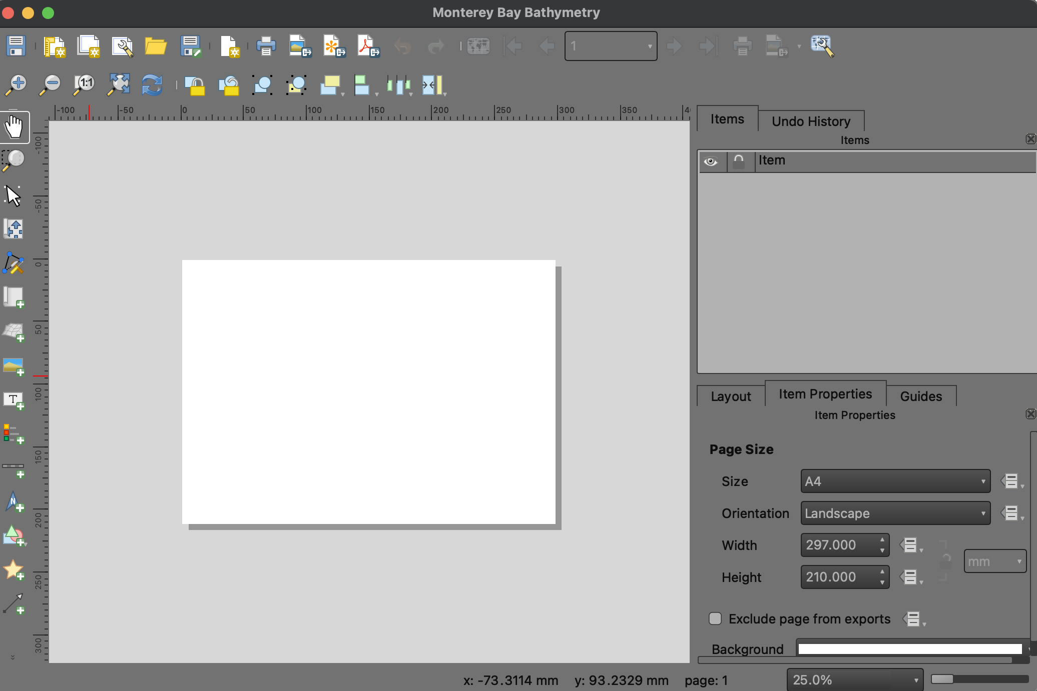 Secreenshot of a blank Layout Manager for the Monterey Bay bathymetry map.
