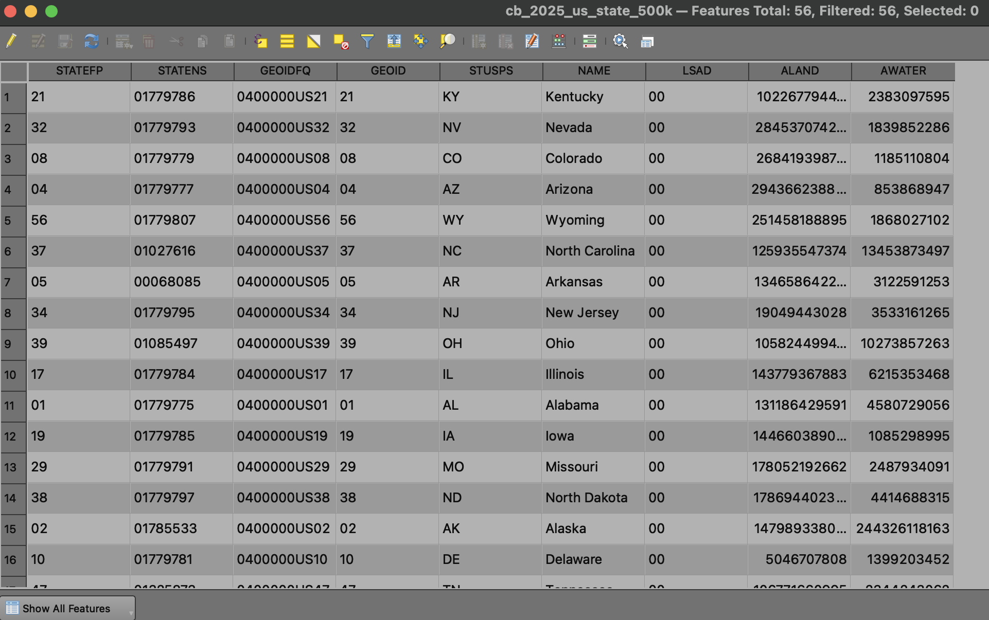 Screenshot of the attribute table from the U.S. Census Bureau states shapefile.